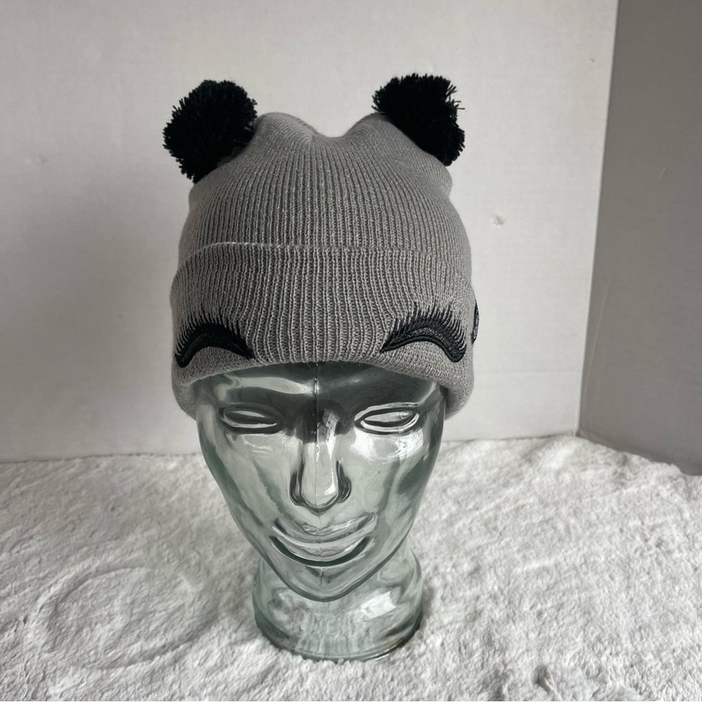 Cozy Zone Lash Gray Knit Beanie with Black Pom Poms